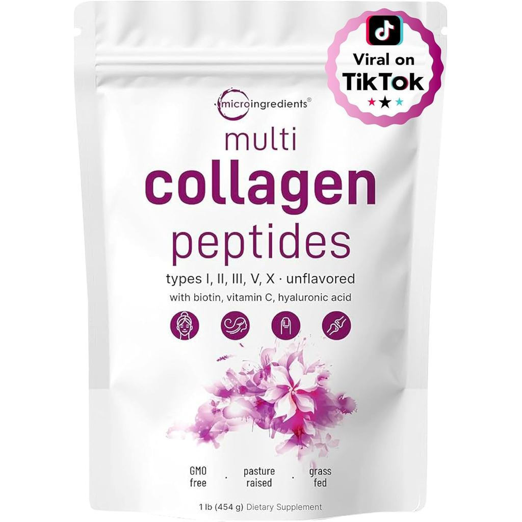 Micro Ingrated Multi Collagen Peptides Powder, 1lb – Hydrolyzed Type I,II,III,V,X with Biotin, Hyalu