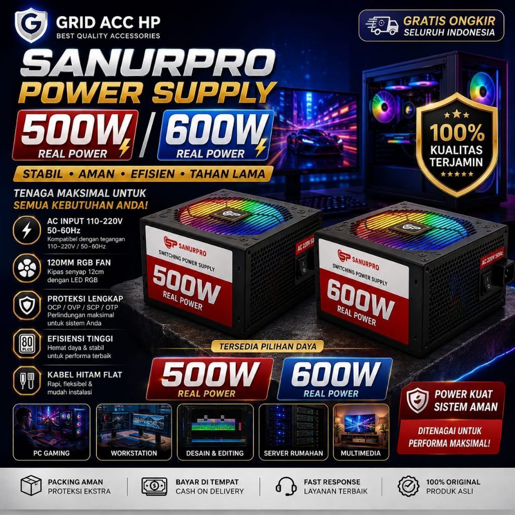 SANURPRO POWER SUPPLY 500W 4 PIN FAN 12CM 600W RGB 4+4 PIN FAN 12CM
/ พาวเวอร์ซัพพลาย SANURPRO