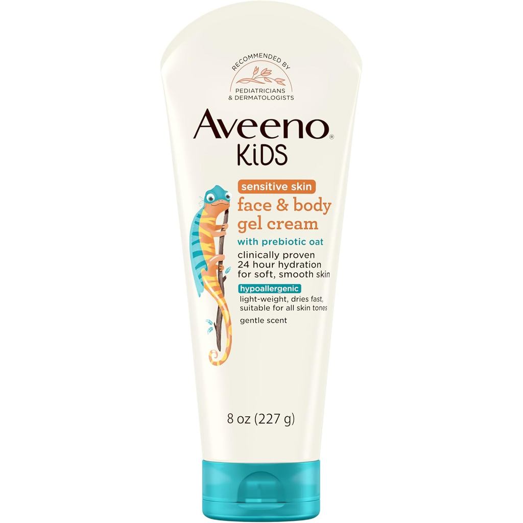 Aveeno Sensitive Skin Face & Body Gel Cream for Kids with Prebiotic Oat, Clinically Proven 24 Hour H