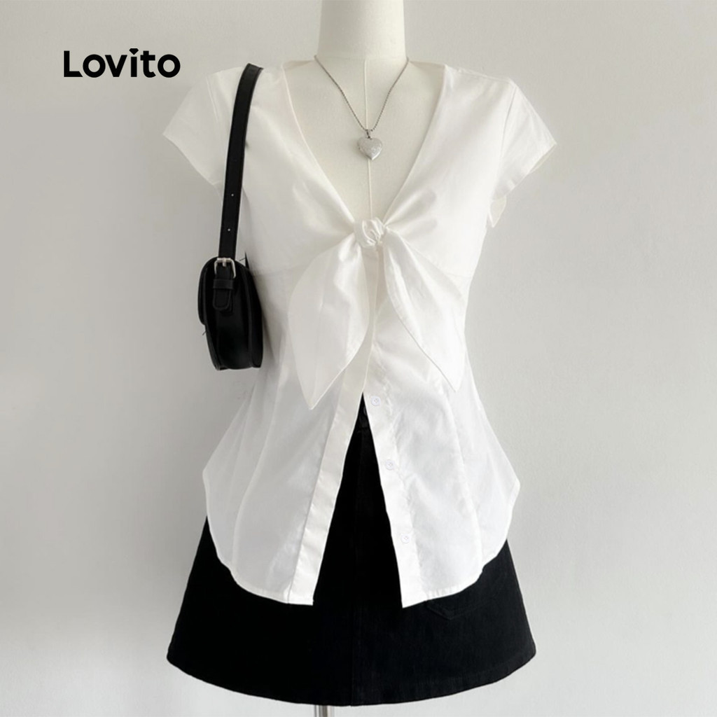 Lovito แคชชวล เสื้อลําลองเสื้อติดกระดุมผูกเชือกธรรมดาสําหรับผู้หญิง L87ED024