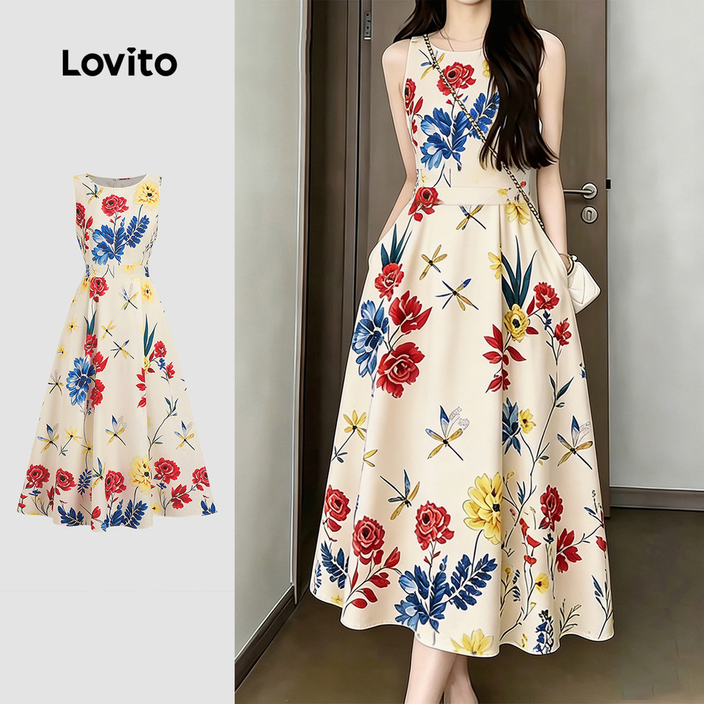 Lovito เดรสลายดอกไม้สไตล์รีสอร์ทสบาย ๆ สําหรับผู้หญิง L196ED190