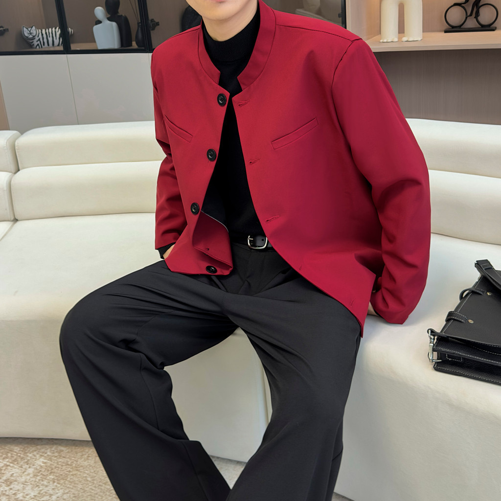 ฤดูใบไม้ร่วง Retro Burgundy Yuppie ไหล่ Pads ขนาดเล็ก Stand-Up Collar Blazer ผู้ชาย High-End Blazer