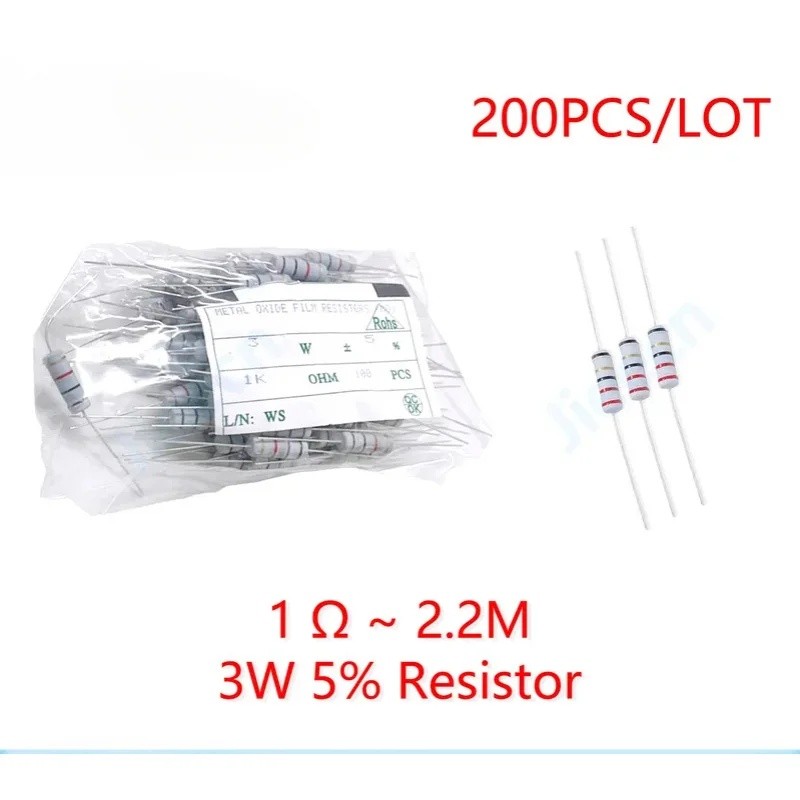200pcs 3W 5% DIP Resistor 1R-2.2M ตัวต้านทานฟิล์มคาร์บอน 1 10 100 150 220 330 โอห์ม 1K 2.2K 4.7K 10K