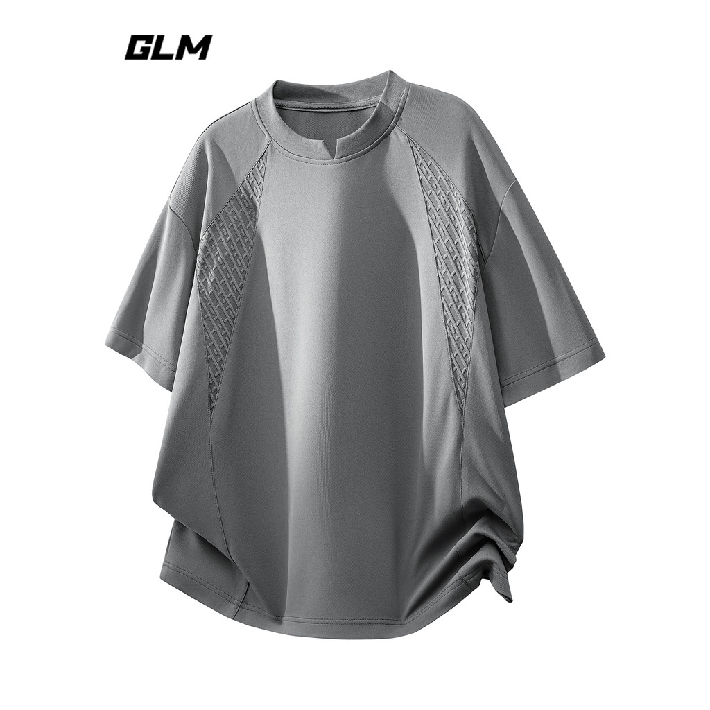 GLM อย่างเป็นทางการแท้แขนสั้นเสื้อยืดผู้ชายหลวมรอบคอ Destruction เย็บ Breathable Casual Top Street ส