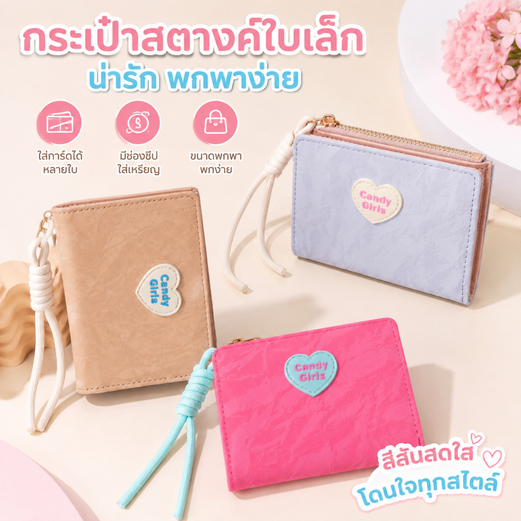 กระเป๋าสตางค์สไตล์เกาหลีน่ารักๆ รูปหัวใจ ดีไซน์มินิมอล แบบพกพาง่าย ขนาดเล็ก หลายฟังก์ชั่น ทั้งใส่เงิ