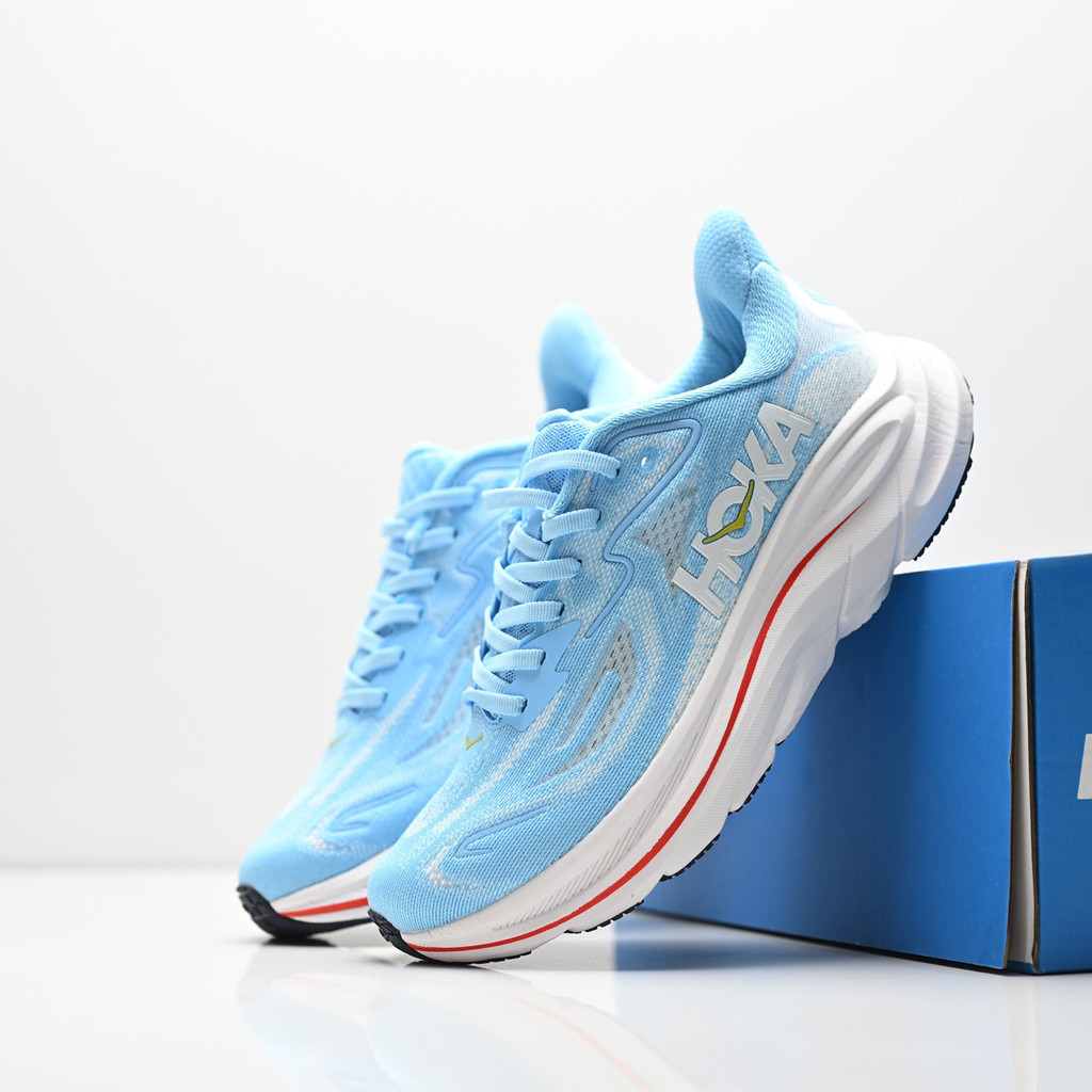 HOKA ONE ONE Clifton 10 รองเท้าวิ่งสุภาพสตรีระบายอากาศได้น้ําหนักเบากันกระแทกรองเท้าผ้าใบสีน้ําเงินส