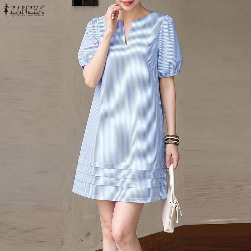 ZANZEA ใส่ ซานเซีย แฟชั่นสตรีวันหยุดสไตล์เกาหลี-ลําลองพัฟแขนลายคอวีทอติดตั้ง ชม.-เส้น ชุด ... — صورة 4