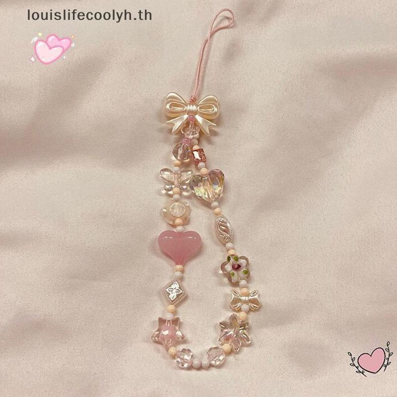 ฮ่าๆ น่ารักสีชมพูดอกซากุระโบว์ลูกปัดสายโทรศัพท์พวงกุญแจจี้สําหรับเด็กผู้หญิงปลาค็อด