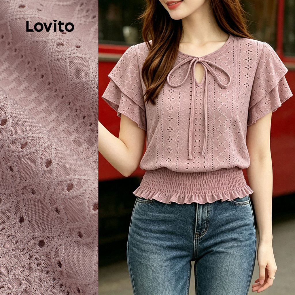 (New Arrival) Lovito เสื้อเบลาส์ลําลองผู้หญิง สีชมพูเทาสไตล์สม็อกสําหรับฤดูใบไม้ผลิ/ฤดูร้อน L199ED328