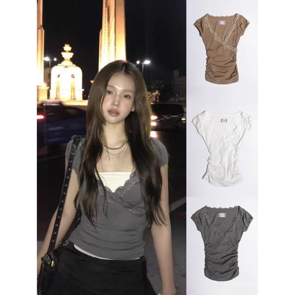 ที่ไม่ซ้ํากัน SEI สไตล์เกาหลีฤดูร้อน V คอลูกไม้เย็บ Slimmer ดู All-Match แขนสั้นเสื้อยืดด้านบน SNR1