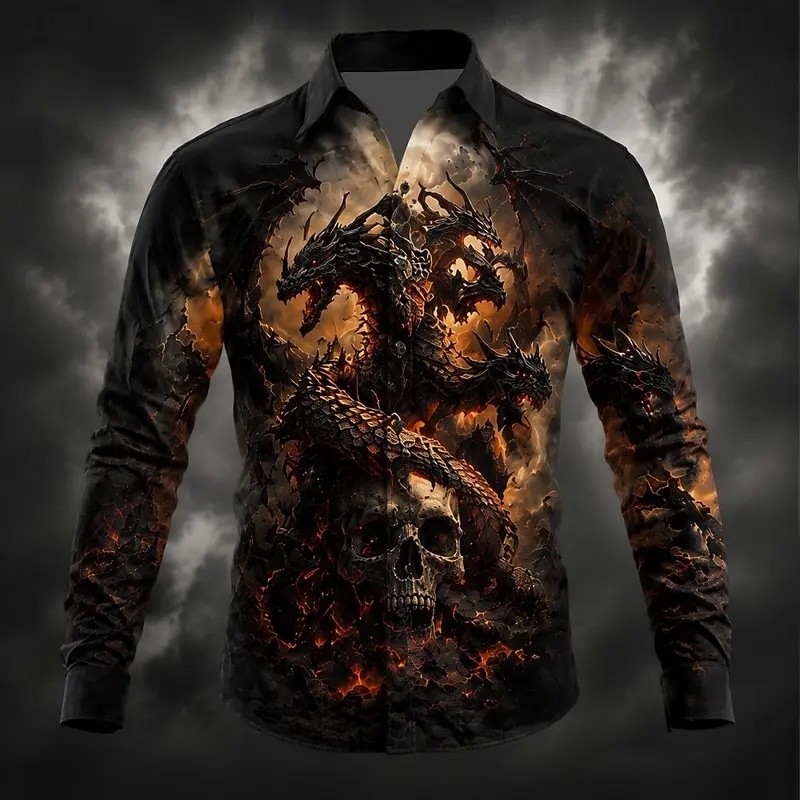 ฮาโลวีนผู้ชาย Dragon Skulls เสื้อปุ่มเสื้อแขนยาว Dark Gothic สไตล์ Streetwear วันหยุด 3D พิมพ์เสื้อค