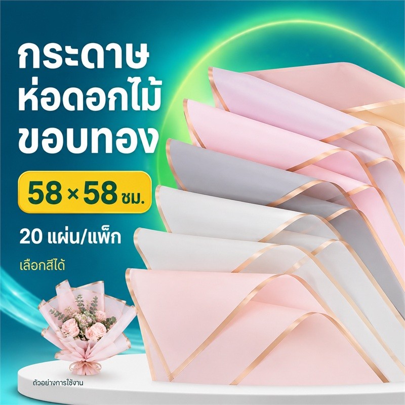 กระดาษขอบทองษ(58*58cm-1แพ็ค/20แผ่น) / กระดาษห่อกันน้ำโปร่งแสง / กระดาษห่อดอกไม้ ฟิล์มเยลลี่ วัสดุห่อช่อดอกไม้