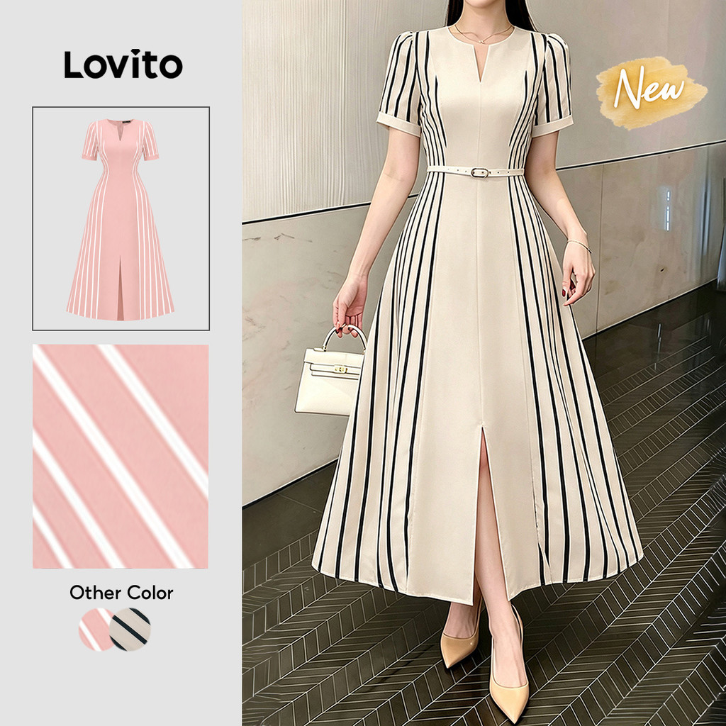 (New Arrival) Lovito เดรสผู้หญิง ลายทาง ลายแยก ซิปยาว ทรงเอ สำหรับฤดูใบไม้ผลิ ฤดูร้อน วันหยุด สุดสัปดาห์ DRK9BR206