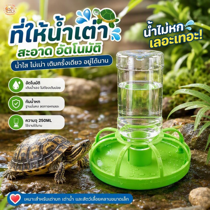 ถาดน้ำเต่าบก ระบบเติมน้ำอัตโนมัติ สีเขียว ความจุ 250ML ฐานมั่นคง วัสดุทนทาน