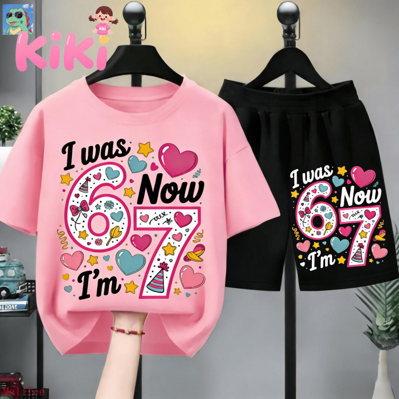 【ส่งไว 24ชม】2ชิ้น KIKI เซ็ตชุดเด็ก เสื้อ+กางเกง ชุดเด็กหญิง เสื้อยืดกางเกงขาสั้น วันเกิดจาก 6 เป็น 7 ลายหัวใจ ดาวหมว