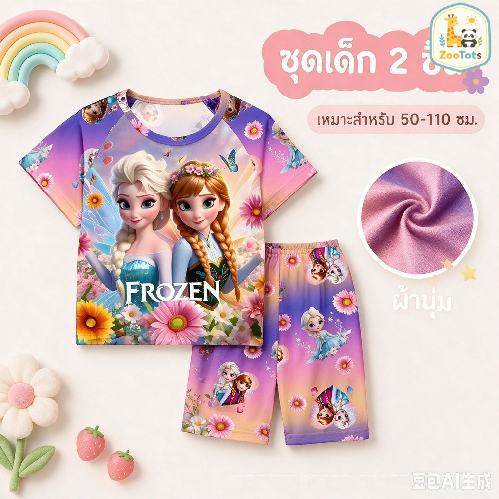 ชุดเด็กผู้หญิงฤดูร้อน ชุดสองชิ้น เสื้อแขนสั้นและกางเกงขาสั้น เบาสบาย ยืดหยุ่น ระบายอากาศ ส่งทันที ขนาด 50-110ซม DTZ