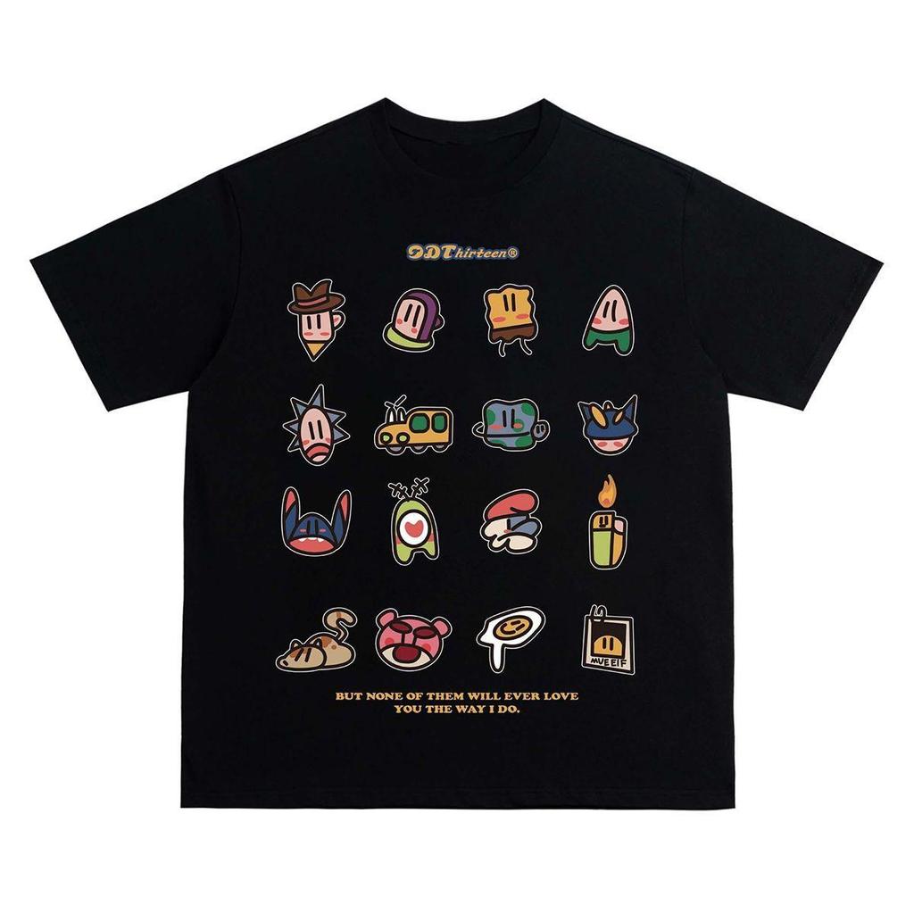 [ข้อเสนอพิเศษจํากัดเวลา] 9DThir tee n การ์ตูนพิมพ์เสื้อยืดสีดําแฟชั่นลําลอง Niche Retro Design Top แ