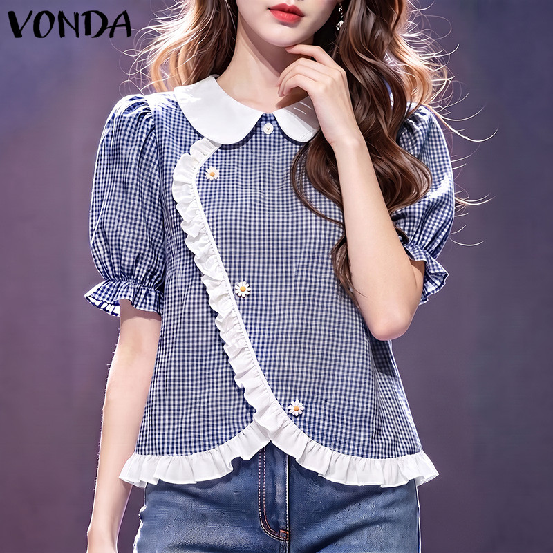 VONDA ผู้หญิง Vintage Girlish Fresh Academy ลายสก๊อต Peter Pan Collar ไม่สม่ําเสมอ Asym Placket ลูกไม้ Trim พัฟแขน Cropped เสื้อ — صورة 6