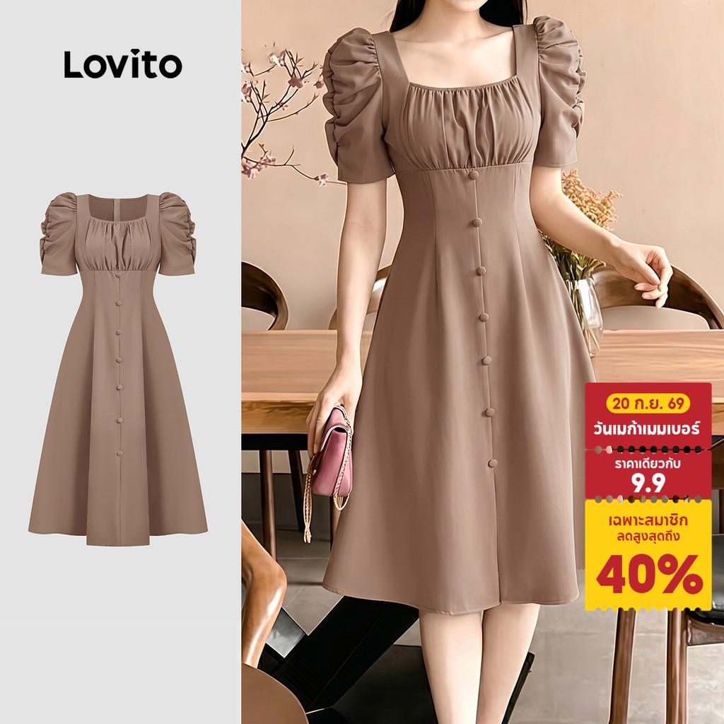 Lovito ชุดเดรสลําลองพลีตกระดุม สีคากีสําหรับฤดูใบไม้ผลิและฤดูร้อนของผู้หญิง LK6LD087