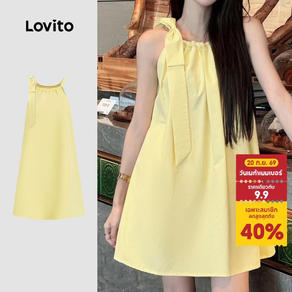 Lovito แคชชวล เดรสลําลองผู้หญิงสีเหลือง ผูกเชือกสําหรับฤดูใบไม้ผลิ/ฤดูร้อน เกาหลี อินเทรนด์ L166AD335