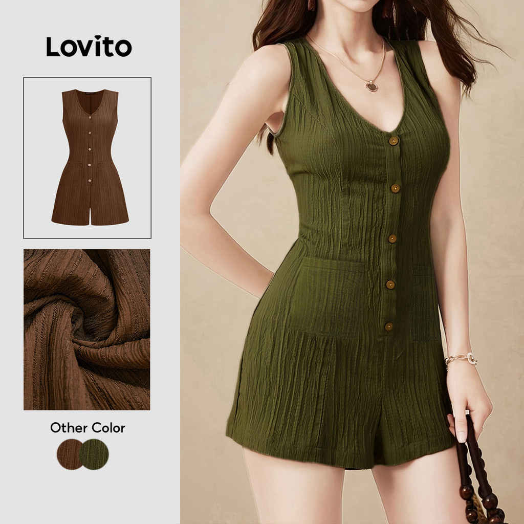 Lovito جمبسوت نسائي واسع بأزرار وجيوب — زيتي — صورة 2