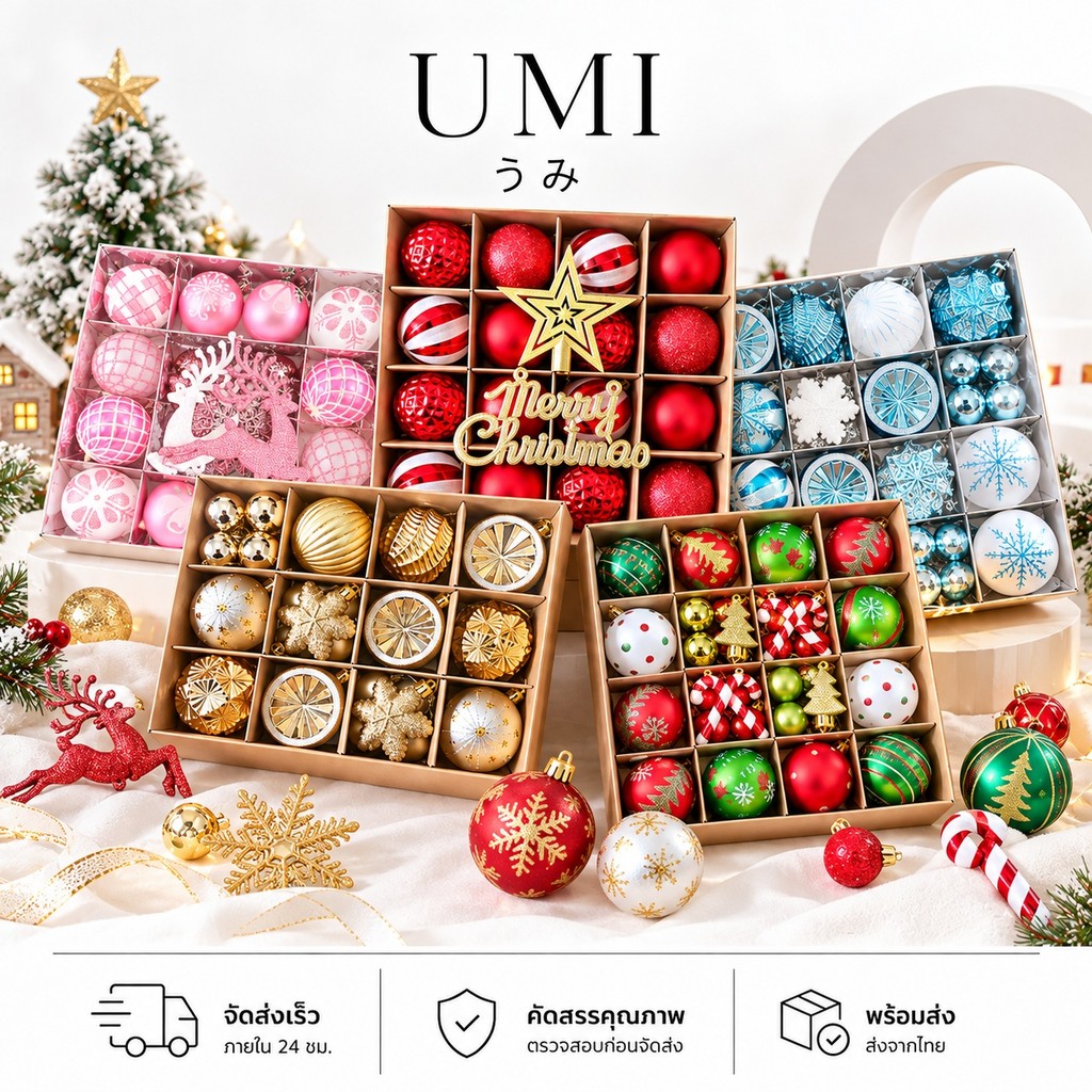 【พร้อมส่ง🚚】UMI ลูกบอลตกแต่งคริสต์มาส ของตกแต่งต้นคริสต์มาส ลูกบอลแขวน ตกแต่งต้นไม้ พวงมาลัย กิ่งไม้
