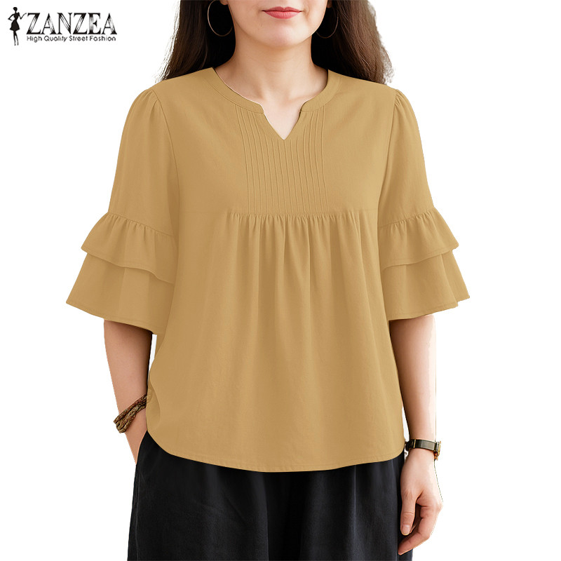 ZANZEA เสื้อผู้หญิงแบบเกาหลี แขน 3/4 ดีไซน์ซ้อน-layer ขอบข้อมือพอง อ่อนหวาน สไตล์สองเลเยอร์