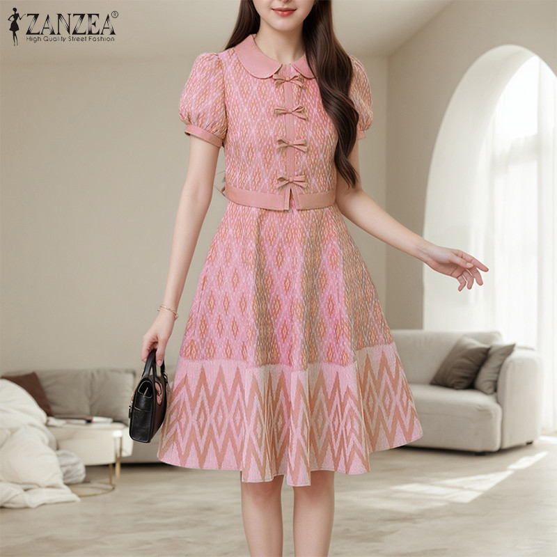 ZANZEA ผู้หญิงเกาหลีพัฟแขนเอว Patchwork ชาติพันธุ์พิมพ์ Bowknots ตกแต่งชุด — صورة 4