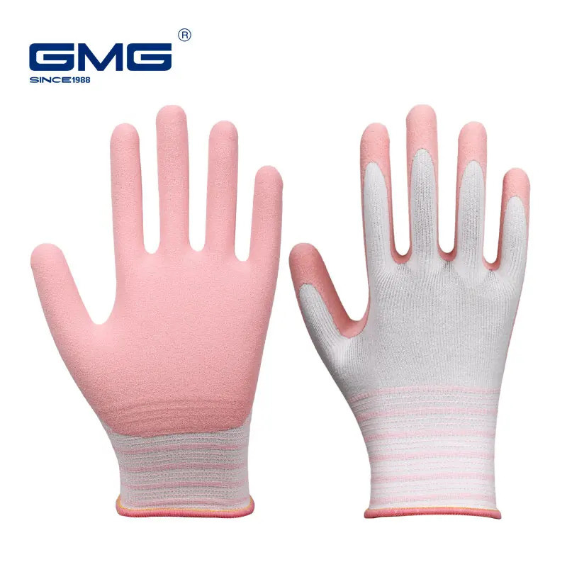 ขายร้อน GMG CE EN388 สีขาวโพลีเอสเตอร์ยางที่มีสีสันทํางานความปลอดภัยถุงมือช่างทํางานสําหรับฟาร์มก่อส