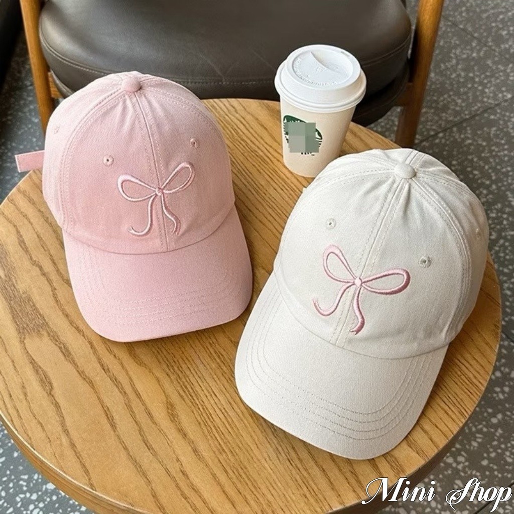 Mini shop🌸พร้อมส่ง🌸หมวกแก็ป (ปักโบว์) หมวกเบสบอล แฟชั่นเกาหลี cotton cap หมวกเดินป่า มี5สี คุณภาพสู ส(MK-1)