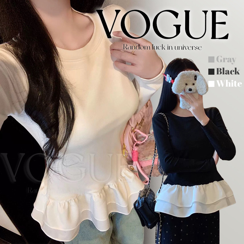 Vogue🌟พร้อมส่ง🌟 เสื้อแขนยาว คอกลม ดีเทลแต่งปลายน่ารัก ยืดตามตัว เสริมฟองน้ำ (FY5571)