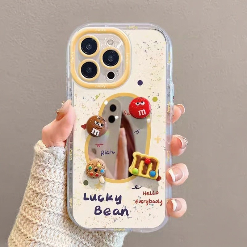 ลายจุดสีน่ารัก M เมล็ดช็อกโกแลต กระจกแต่งหน้า เคสIPhone 16 15 11 13 14 12 Pro Max 7Plus XR XS X Max 8 15 14 Plus SE 2020