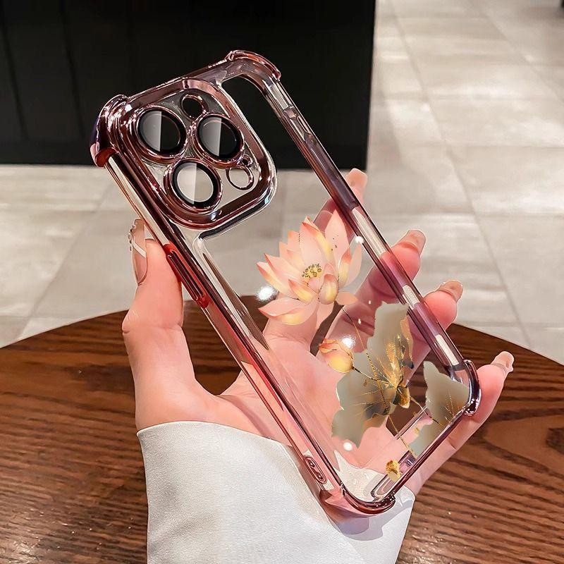 Lotus สีชมพูสี่มุมกันกระแทกไฟฟ้าเหมาะสําหรับเคสโทรศัพท์ iPhone เหมาะสําหรับ iPhone 16 Pro Max/15/14 