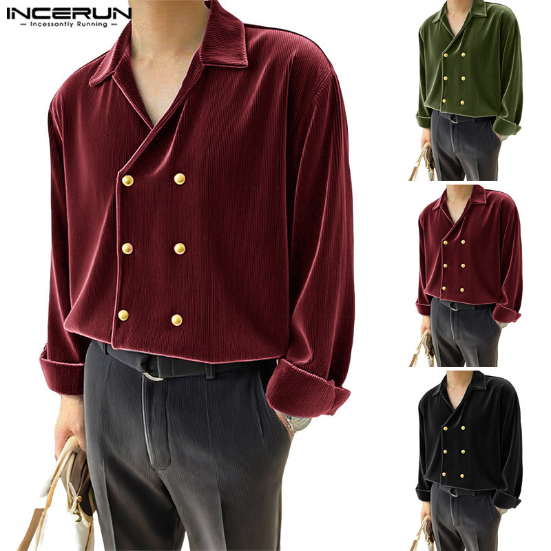 เสื้อเชิ้ตแขนยาวผู้ชายทำจากกำมะหยี่พร้อมกระดุมสองแถว