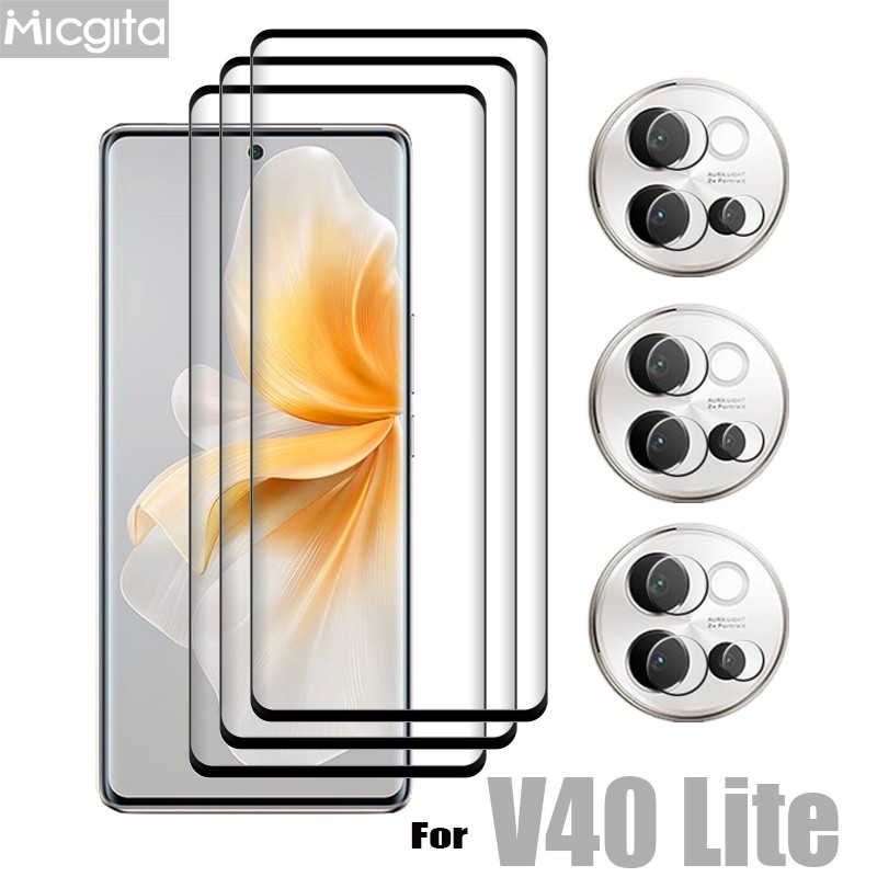 9D กระจกโค้ง Protector สําหรับ VIVO V40 Lite กระจกนิรภัยด้านหน้าฟิล์มและ Soft Fiber เลนส์ฟิล์มสําหรั