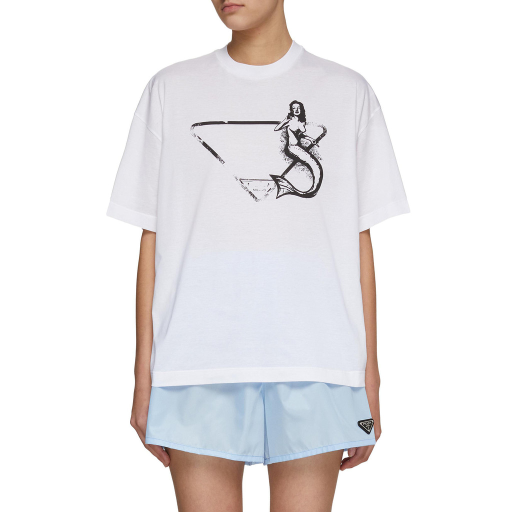 FXO8 PA Letter Mermaid Graffiti พิมพ์ Super All-Match หลวมรอบคอ Bottoming แขนสั้นเสื้อยืดผู้หญิง