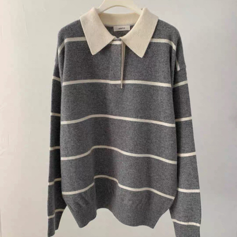 [SR-STUDIO] สเวตเตอร์ลายทาง คอปกโปโล สวมหัว