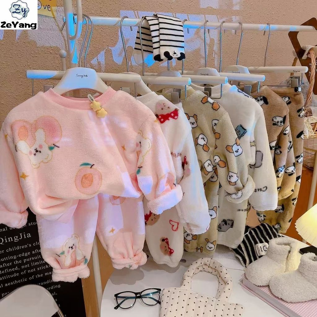ชุดวอร์มขนแกะแขนยาวสำหรับเด็ก เหมาะสำหรับฤดูใบไม้ร่วงและฤดูหนาว ลายการ์ตูน ใส่สบายเหมือนชุดนอน