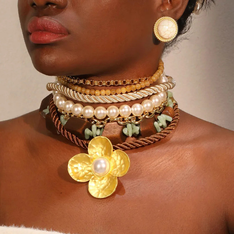 Statement Vintage Pearls Chocker Necklace&Earrings  Flower Design Women Trendy Wedding Party Jewelry