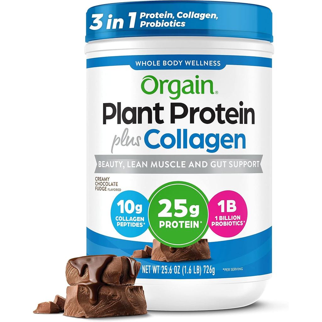 Orgain Protein Powder + Collagen, Creamy Chocolate Fudge - โปรตีน 25g, คอลลาเจนเปปไทด์ 10g, ประเภท I