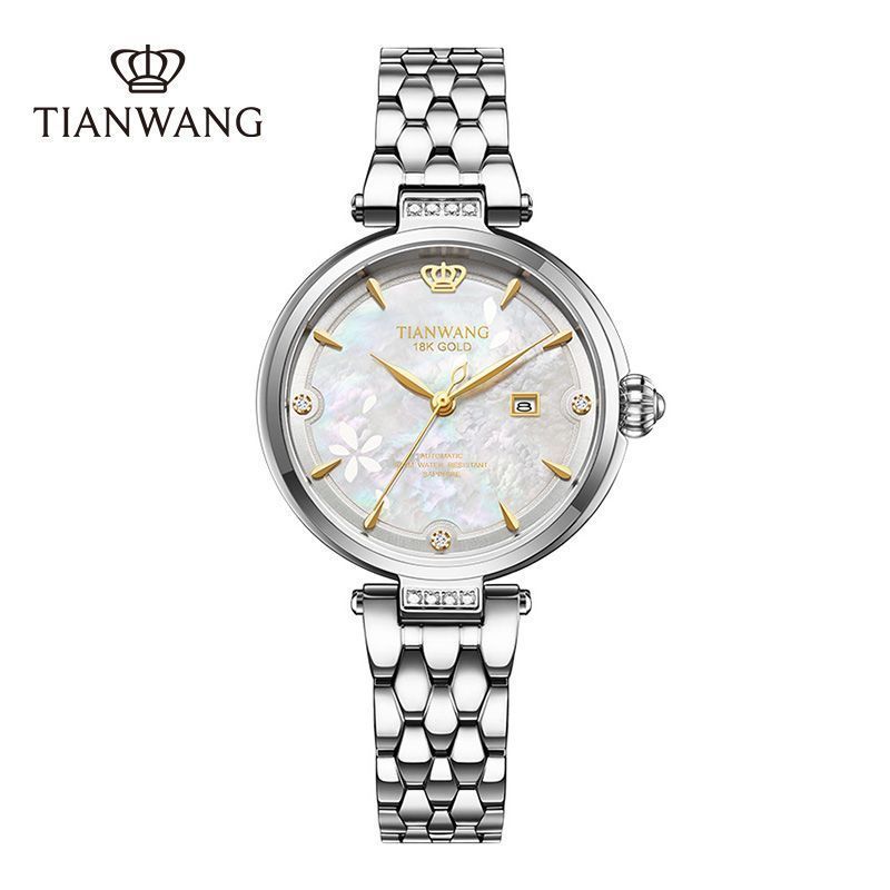 Tianwang นาฬิกา Gold Label ฟรี Fortune 18K Gold Crown นาฬิกาผู้หญิงแฟชั่นกลีบขนาดเล็กนาฬิกากลไกเหล็ก