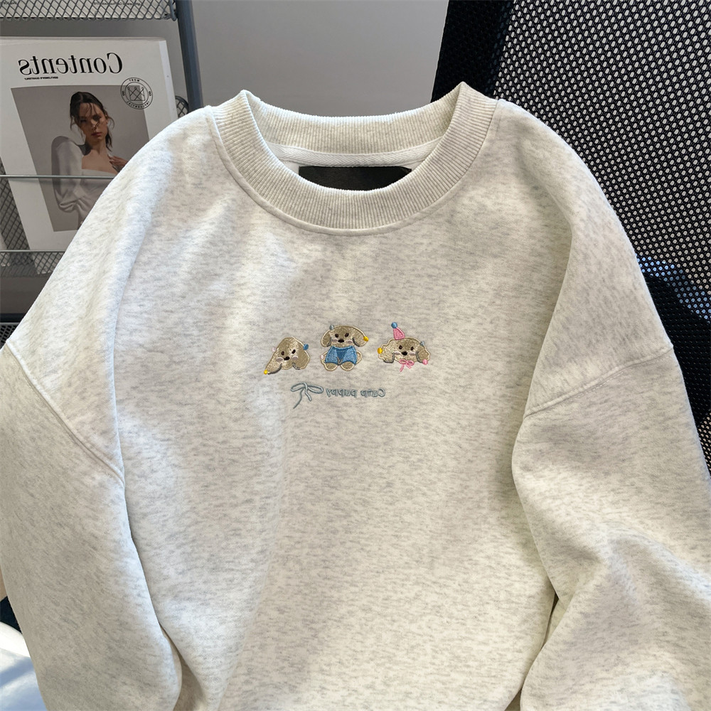 COD✅ (จัดส่งในกรุงเทพฯ)  หมาเฉพาะกลุ่มเย็บปักถักร้อย Hoodless เสื้อกันหนาวหลวมพอดีวินเทจน่ารักด้านบน - รูปที่ 2