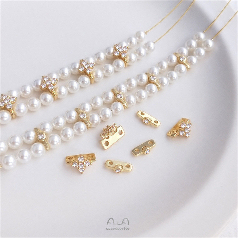 14K แพคเกจทองแท้สี Retention ฝัง Zirconium คู่แถวสร้อยข้อมือ Pearl Spacer Double Hole Spacer ลูกปัดอ