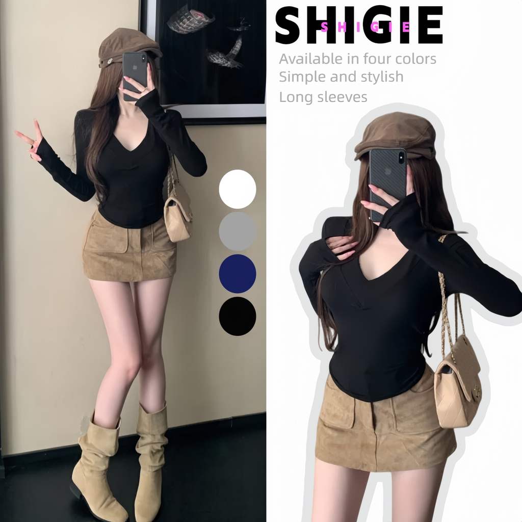 Shigie​ 🍁พร้อมส่ง🍁 "แขนยาวทรงสลิมฟิต ดีเทลผ้าร่องยืดผ้านุ่มนิ่ม ใส่สบายสีพื้น เรียบง่ายและใช้งานได้หลากหลาย' FY8716