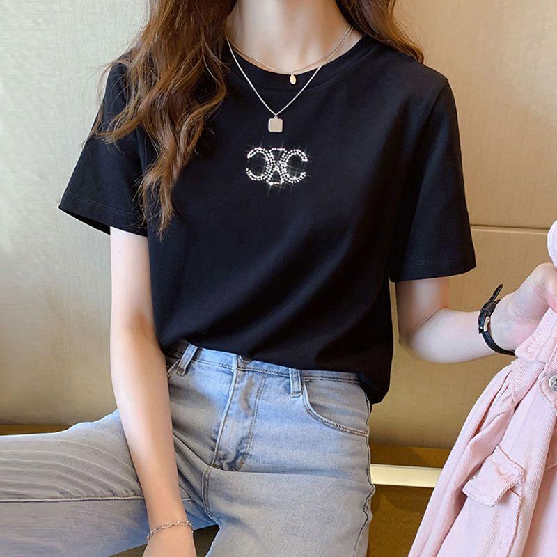 เสื้อยืดแขนสั้นพิมพ์ลายคริสตัลแวววาวสไตล์เกาหลีสำหรับผู้หญิงในช่วงฤดูร้อน