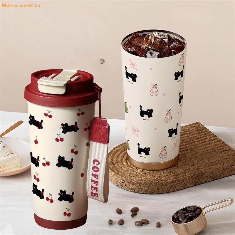 AT Floral Kitten Design 550ml Dual-Drink Vacuum Insulated Cup,ความจุขนาดใหญ่แบบพกพา316ขวดน้ําสแตนเลส