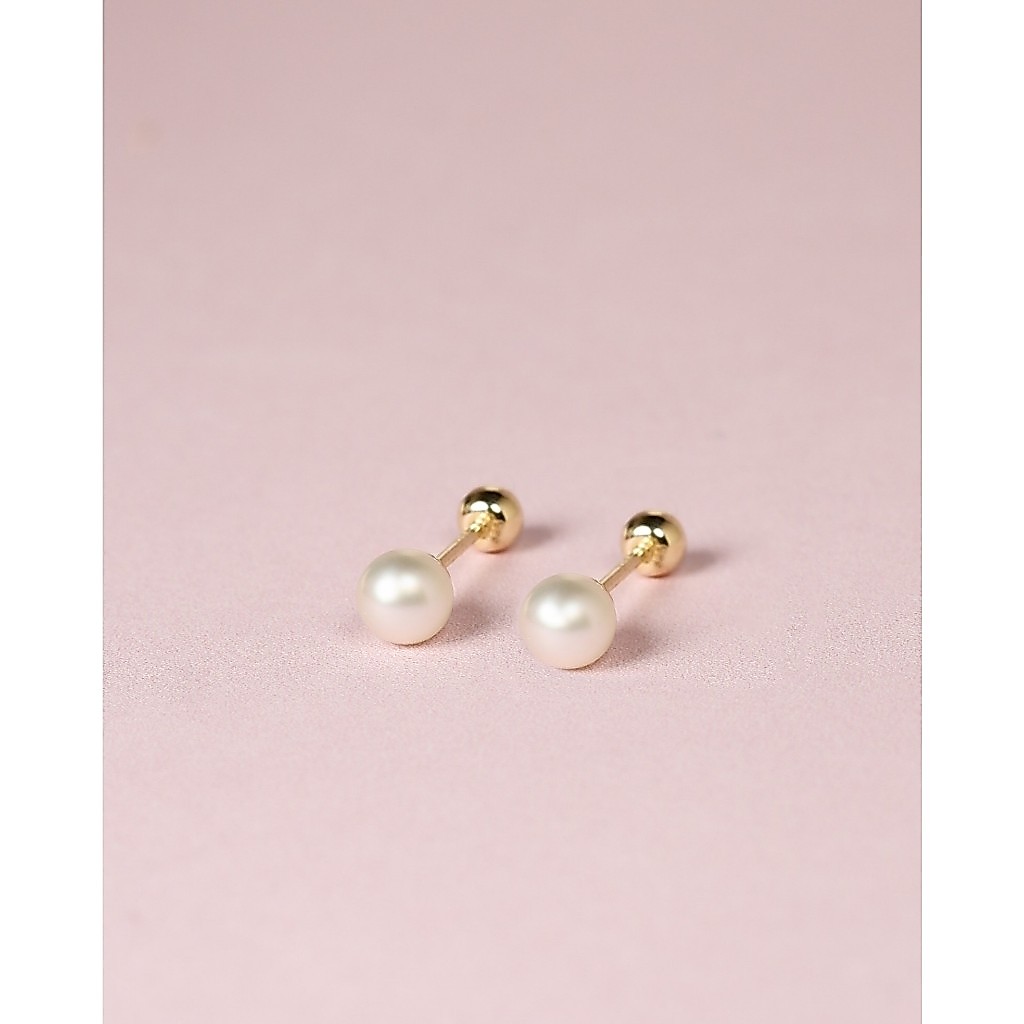 ต่างหูปักก้านทองแท้ 9K  Akoya Pearl 4MM (แป้นหมุน)