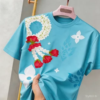 เสื้อโปโลพิมพ์ลายดอกไม้สีฟ้าสําหรับผู้หญิงที่สวยงามและง่ายต่อการสวมใส่ของขวัญวันแม่สีฟ้าดอกไม้พิมพ์คอลเลกชัน