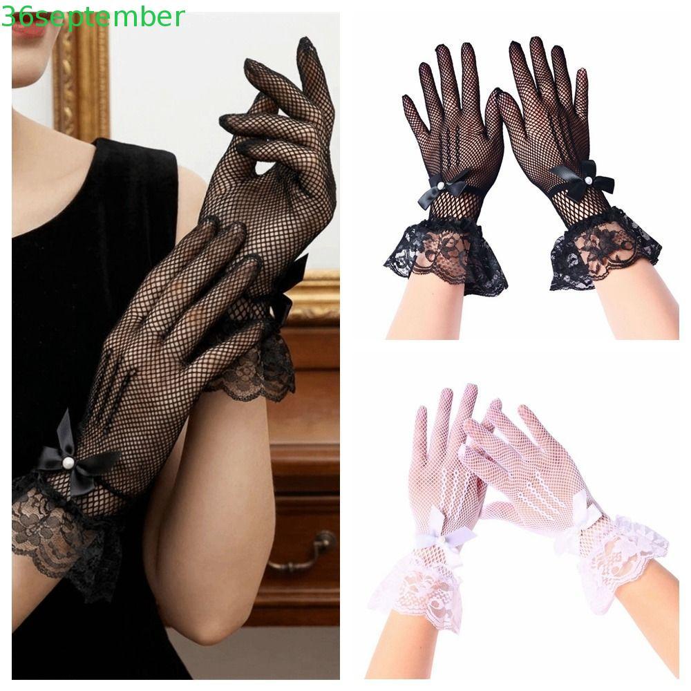 SPEPEMBER Fishnet Mittens, Five-finger Lace Women Driving Gloves, Breathable Lolita Bow Hollowout We