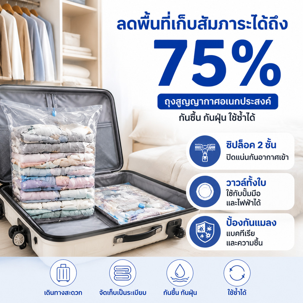 ถุงสูญญากาศพร้อมวาล์วถุงเก็บผ้านวมถุงสูญญากาศประหยัดพื้นที่ใช้ซ้ำได้